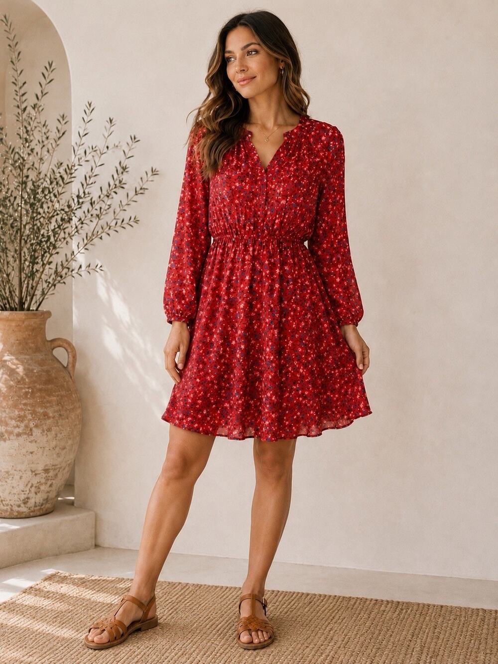 Zara Red Floral Mini Dress Long Sleeve Smocked Waist Boho Cottagecore Size S